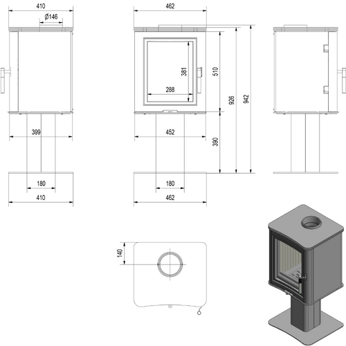 Печь-камин KOZA/K5/S/N (7 кВт) 462*942*410мм-2