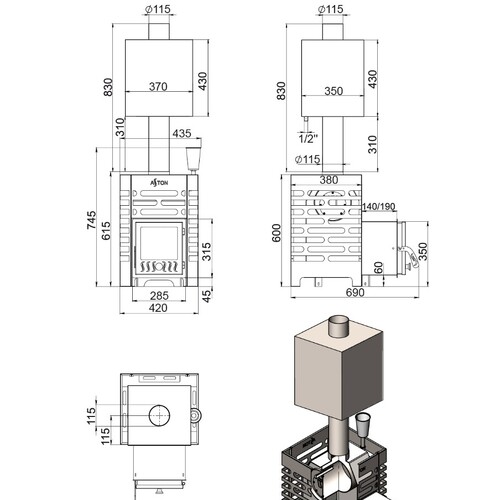 Печь для бани ASTON 12 стекло с баком на трубе 50л Ø115 (AISI 439)-4