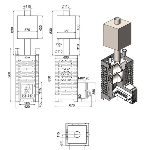 Печь для бани ASTON 20 INOX с баком на трубе 50л Ø115 (AISI 439)-6